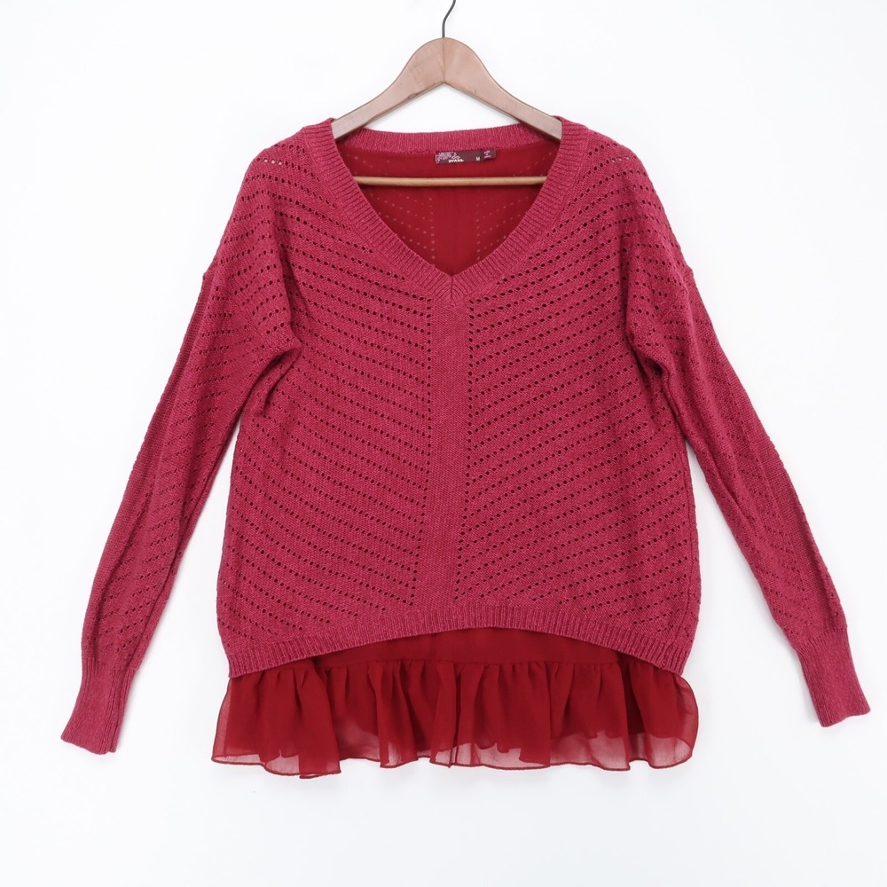 Prana Ellery Sweater Womens M Plum V Neck Ruffle Hem Knit Long Sleeve Cotton